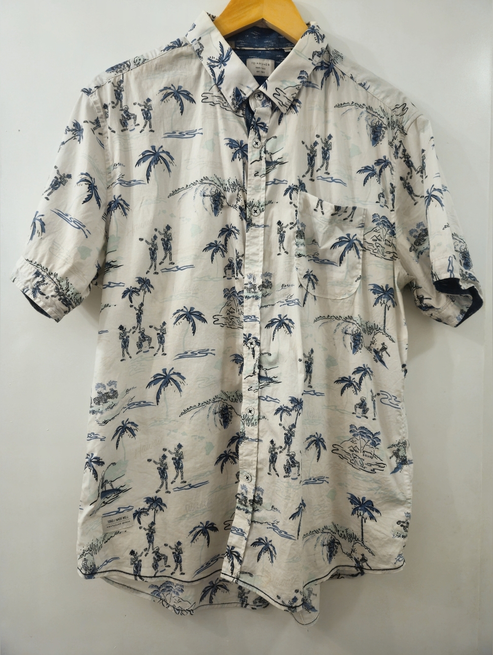 7 Diamonds Short-Sleeve Palm Print Button-Down Shirt - Blue on Cream